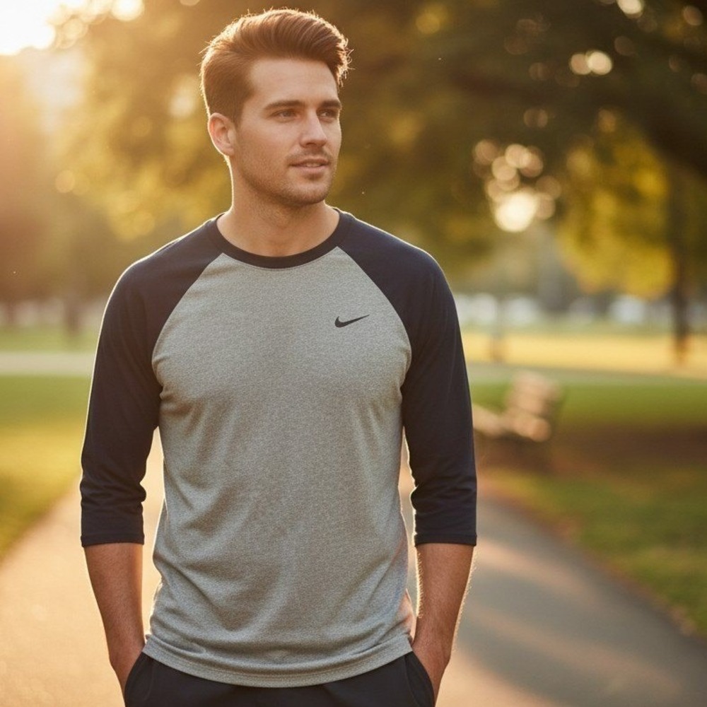 Nike T-Shirt Mens Large Gray Heather Dri-Fit Athletic Fit 3/4 Sleeve Crew Neck